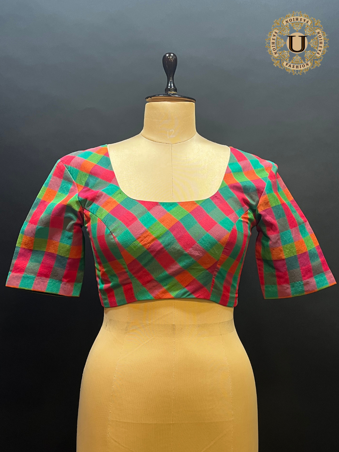 Red & Green Multi Colored Bias Cut Designer Blouse