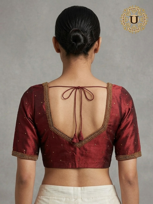Maroon Pure Silk Blouse with Gold Zari Embroidery
