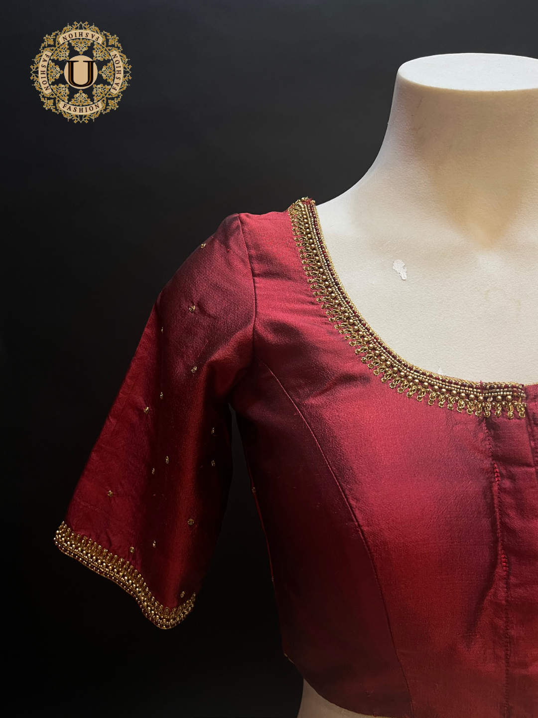 Maroon Pure Silk Blouse with Gold Zari Embroidery