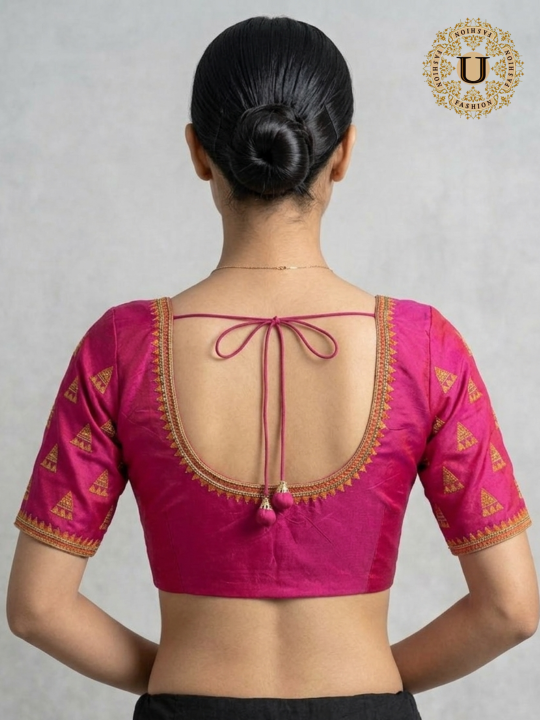 Pink Silk Blouse with Orange & Zari Embroidery