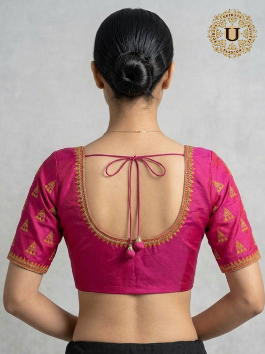 Pink Silk Blouse with Orange & Zari Embroidery