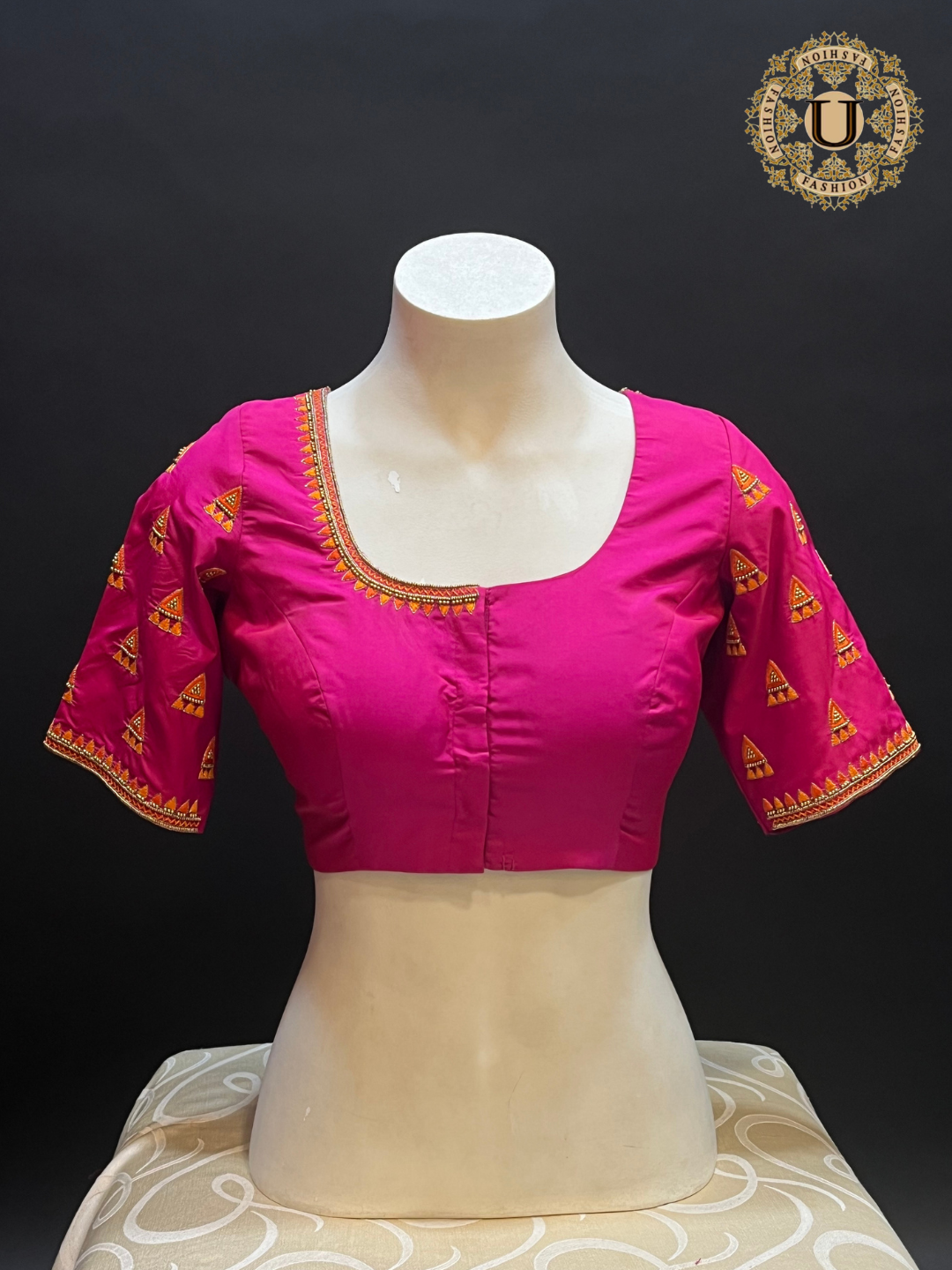 Pink Silk Blouse with Orange & Zari Embroidery