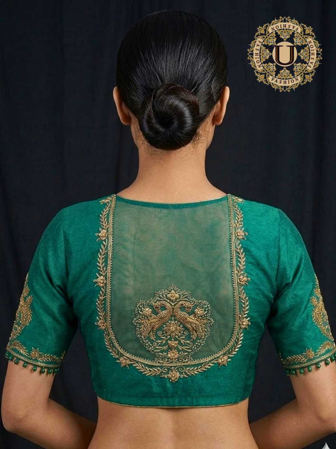 Green Silk Cotton Blouse with Zardozi Bird Motif & Bead Work