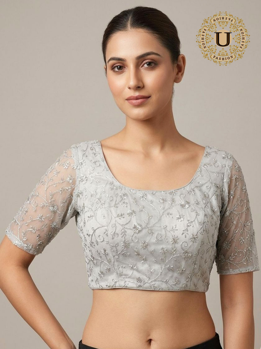 Silver Organza Zari Embroidered Blouse