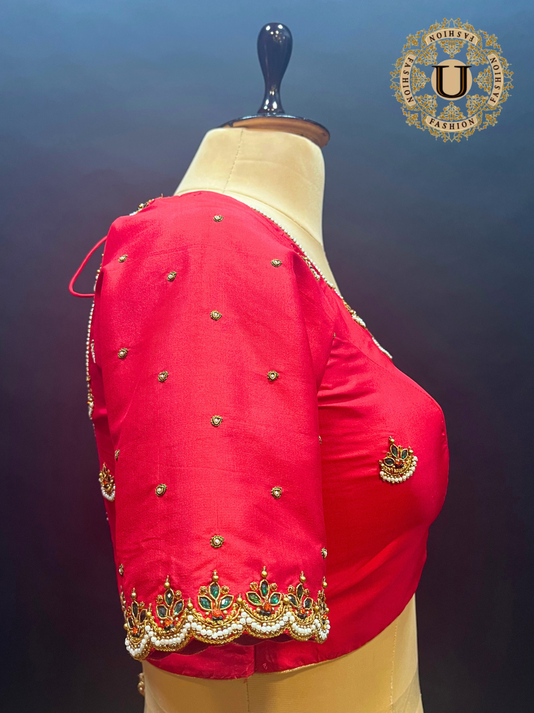 Red Bangalore Silk Blouse | Zardozi Butta with Beads & Stones