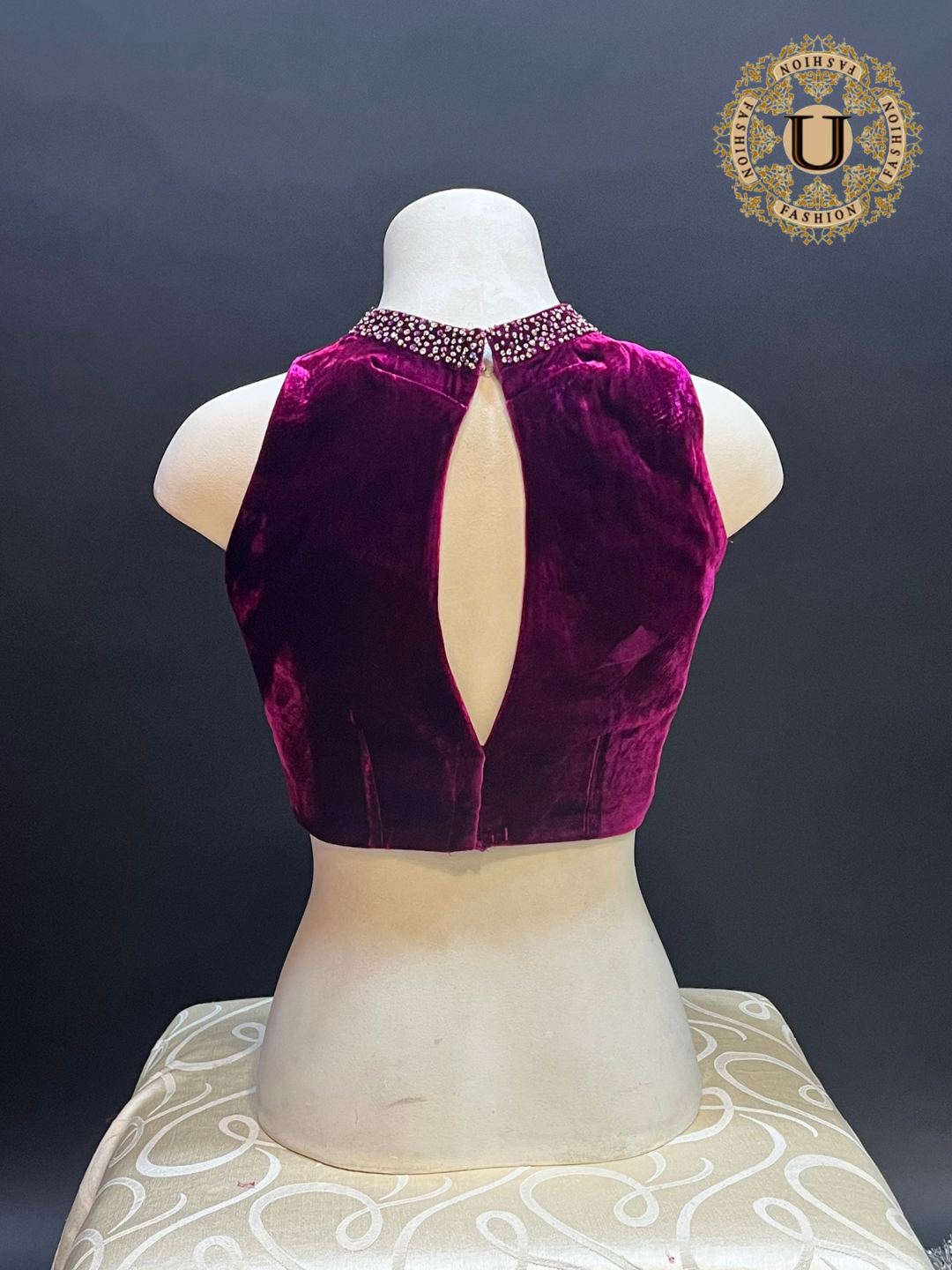 Velvet Halter Neck Blouse | Zardozi Stone Embroidered Collar & Keyhole Back