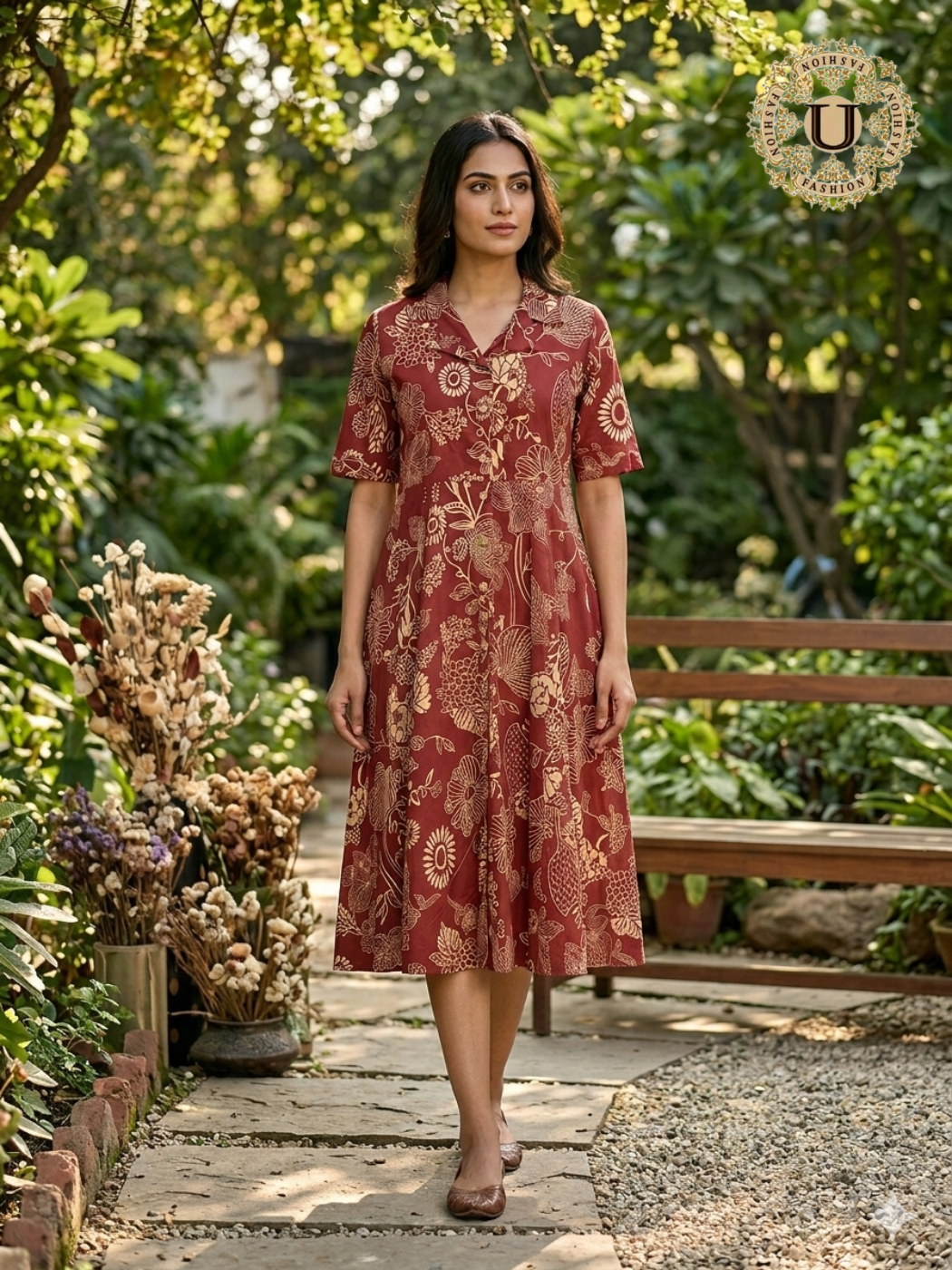 Rust Printed Cotton With Shirt Collar Long Kurti