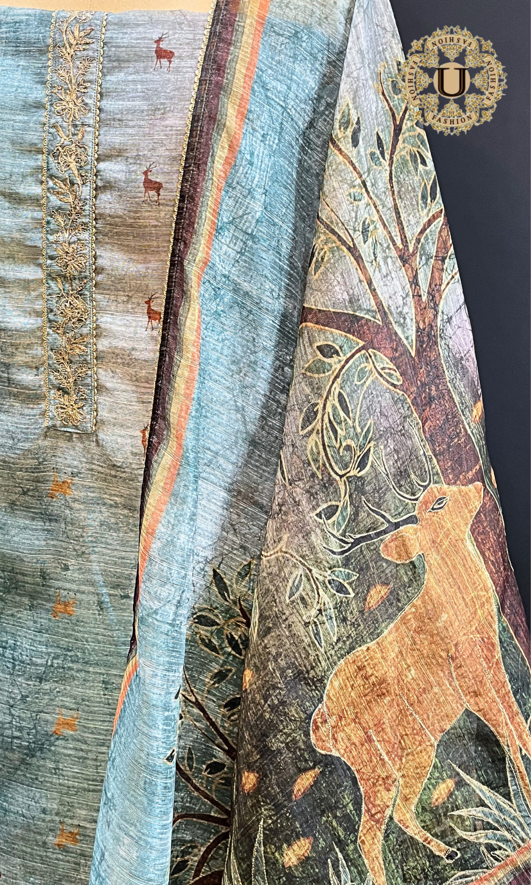 Aqua Blue Blended Figurative Digital Printed Un Stitched Suit.