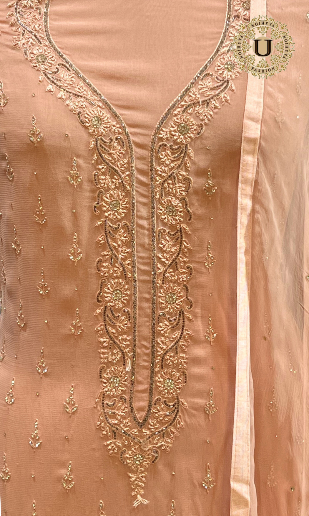 Peach Hand Embroidered crape Un Stiched Suit.