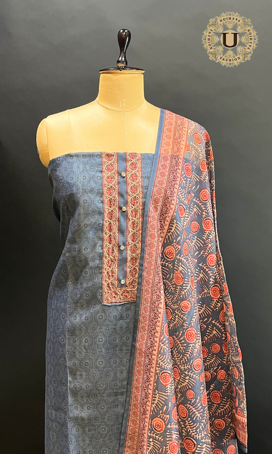 Gray Embroidered Chanderi Un Stiched Suit