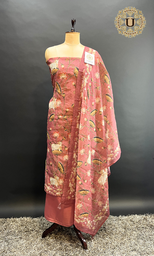 Onion Pink Pichwai Cow design Chanderi Un Stiched Suit.