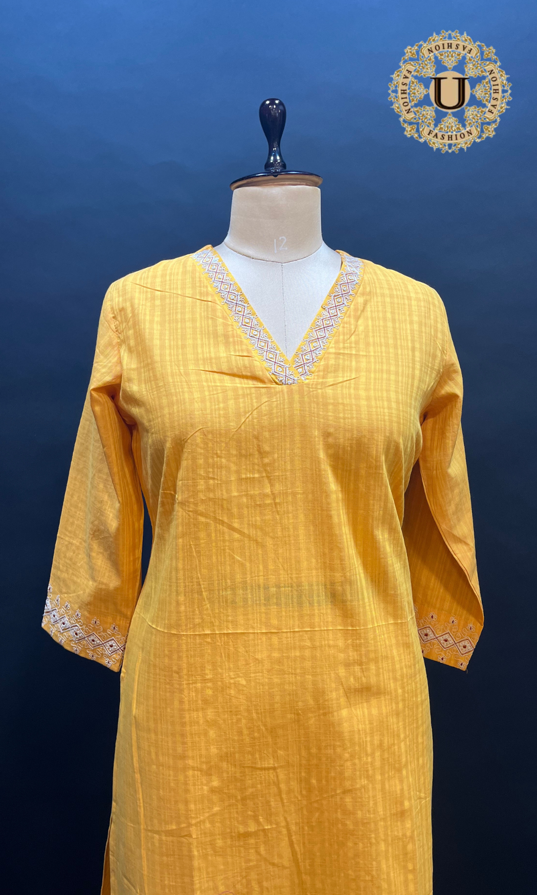 Yellow Cotton V Neck Long Kurti