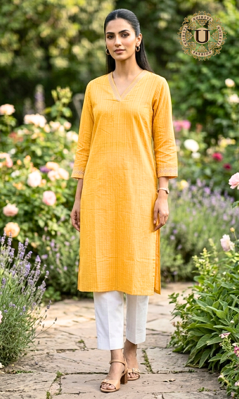 Yellow Cotton V Neck Long Kurti S U fashion