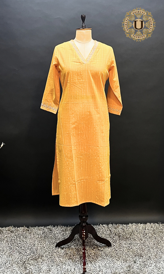 Yellow Cotton V Neck Long Kurti