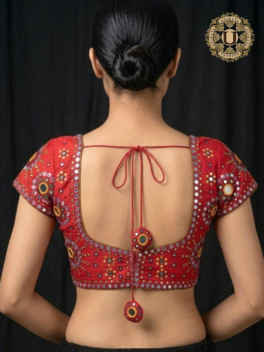Red Hand Embroidered Mirror work Blouse