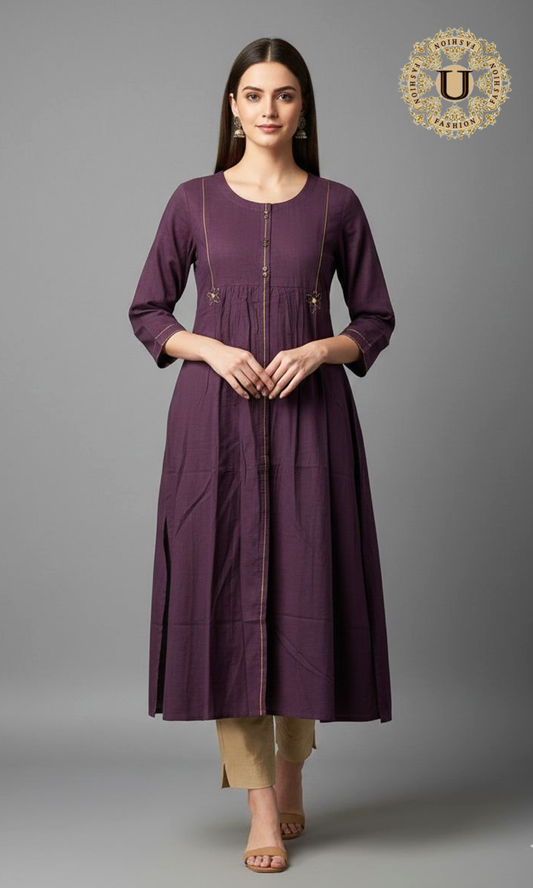 Purble Cotton Emroidered Long Kurti