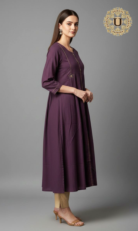 Purple Cotton Gathered Long Kurti