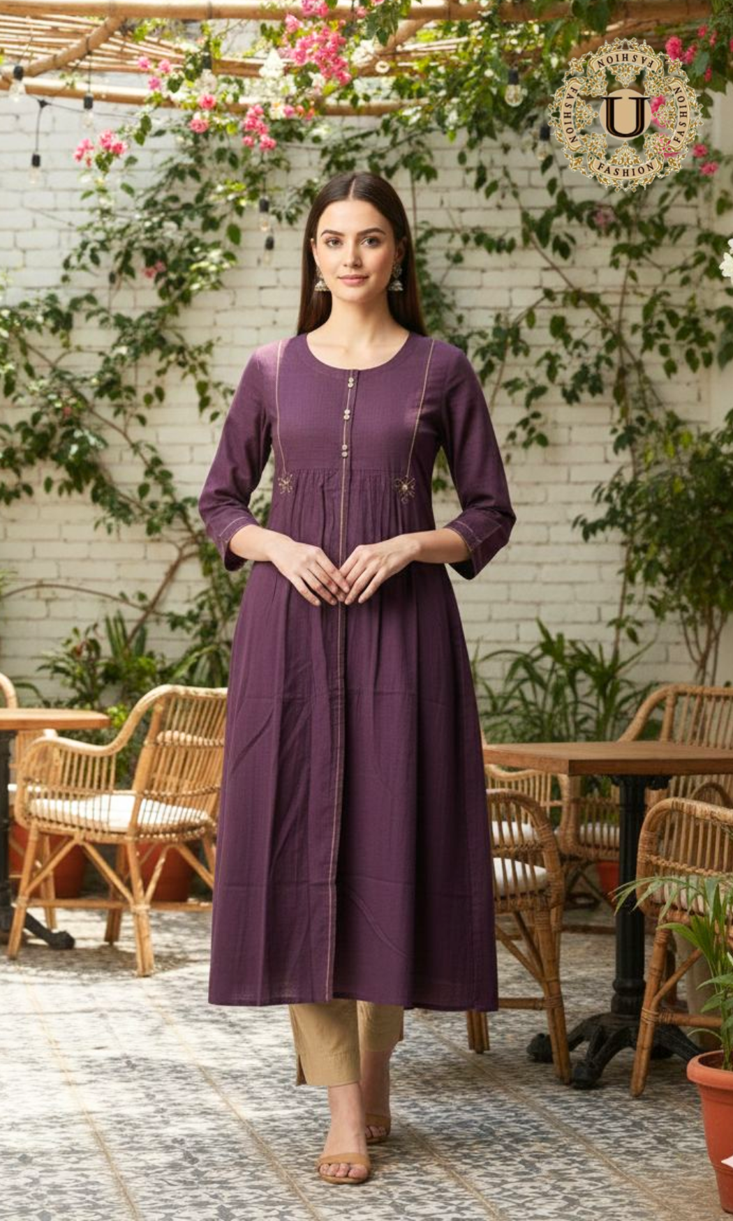 Purble Cotton Emroidered Long Kurti