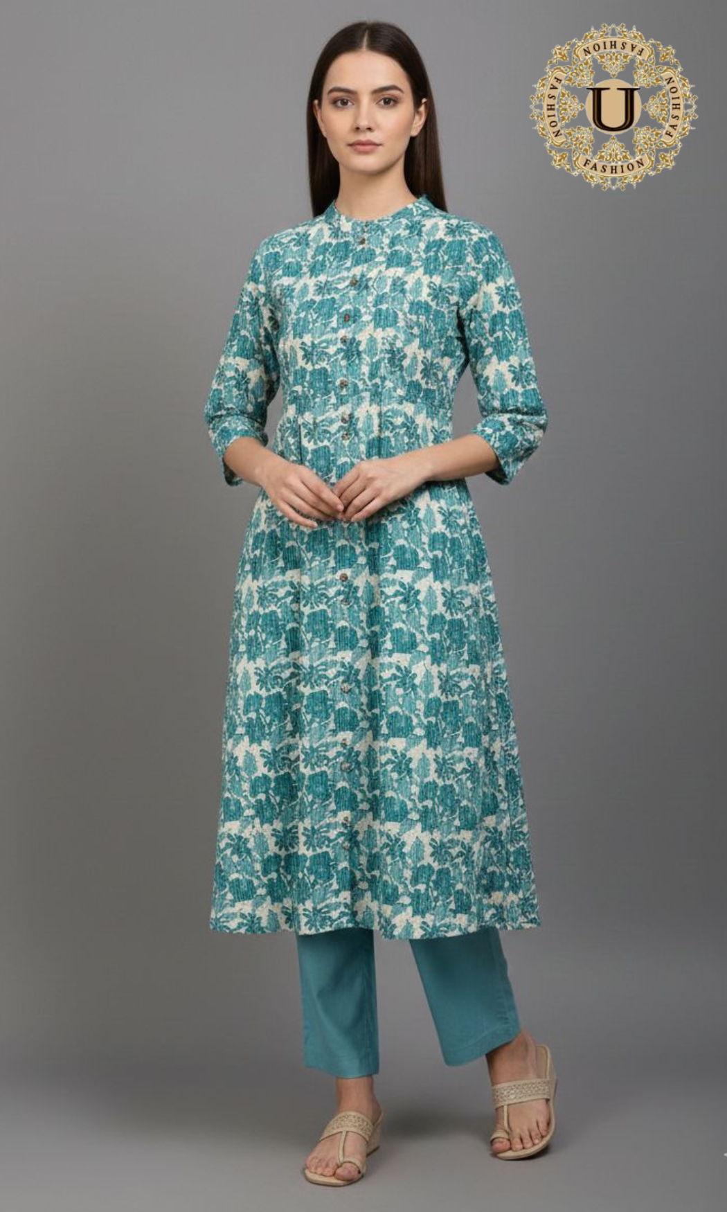 Aqua Blue Cotton Printed A-Line Kurti
