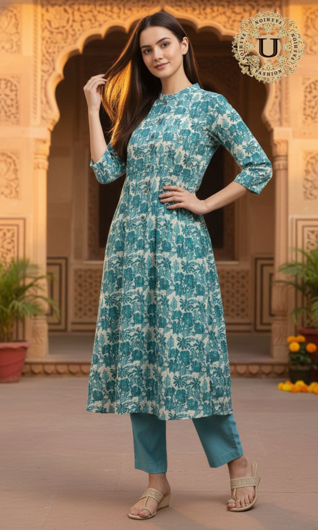 Aqua Blue Cotton Printed A-Line Kurti