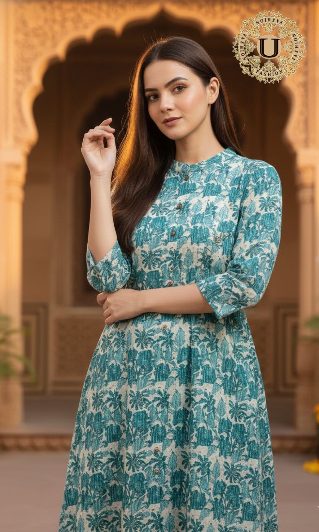 Aqua Blue Cotton Printed A-Line Kurti