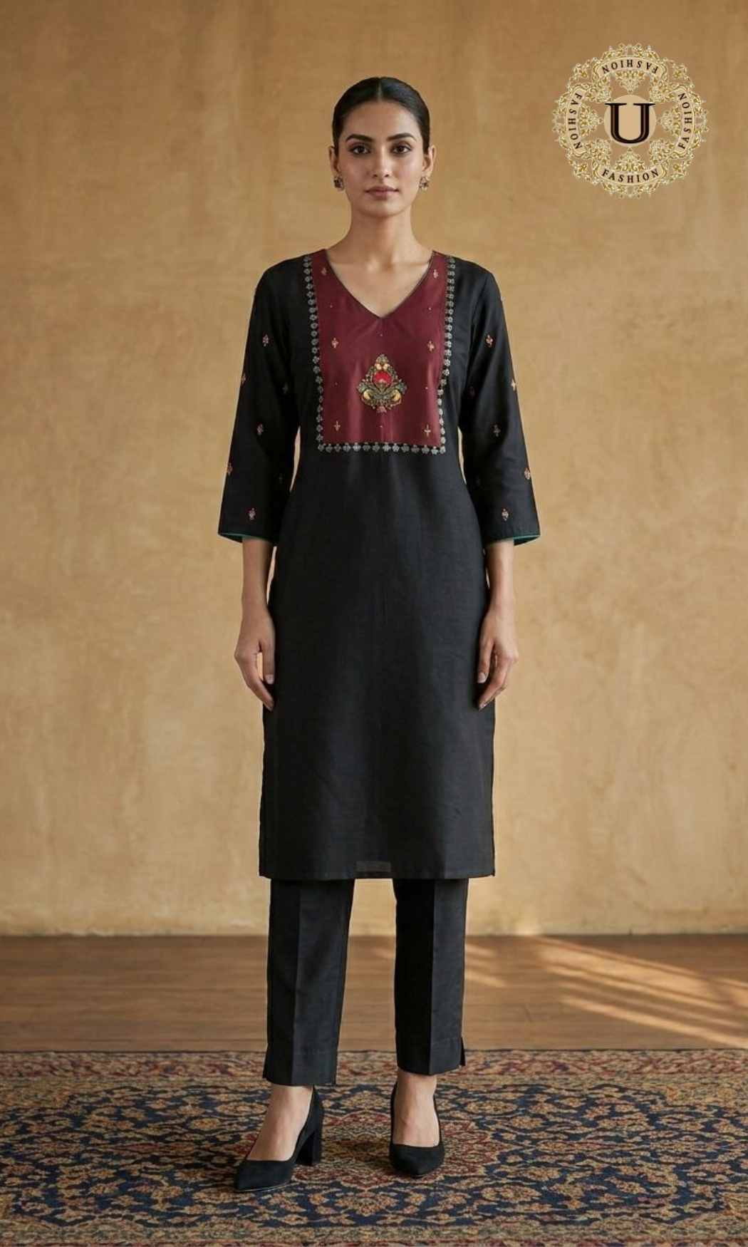 Black Spun Hand Embroidery Motif Long Kurti.