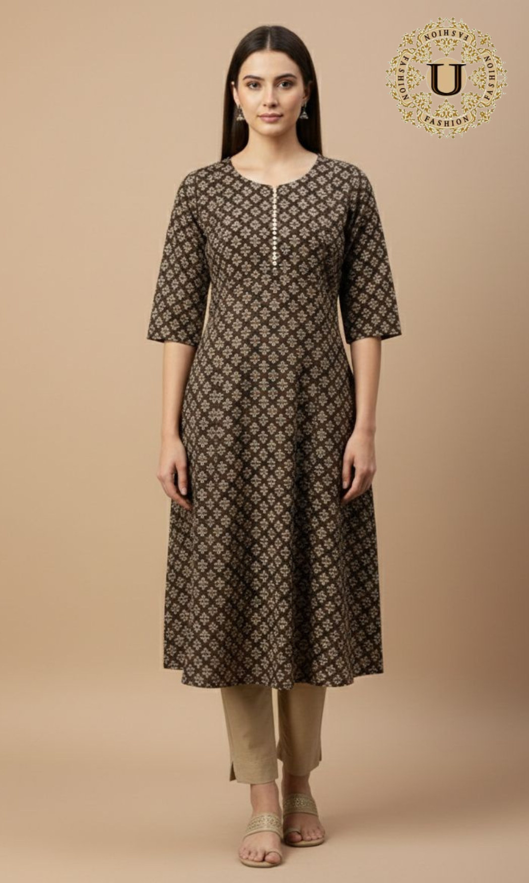 Brown Cotton Printed A-Line Long Kurti