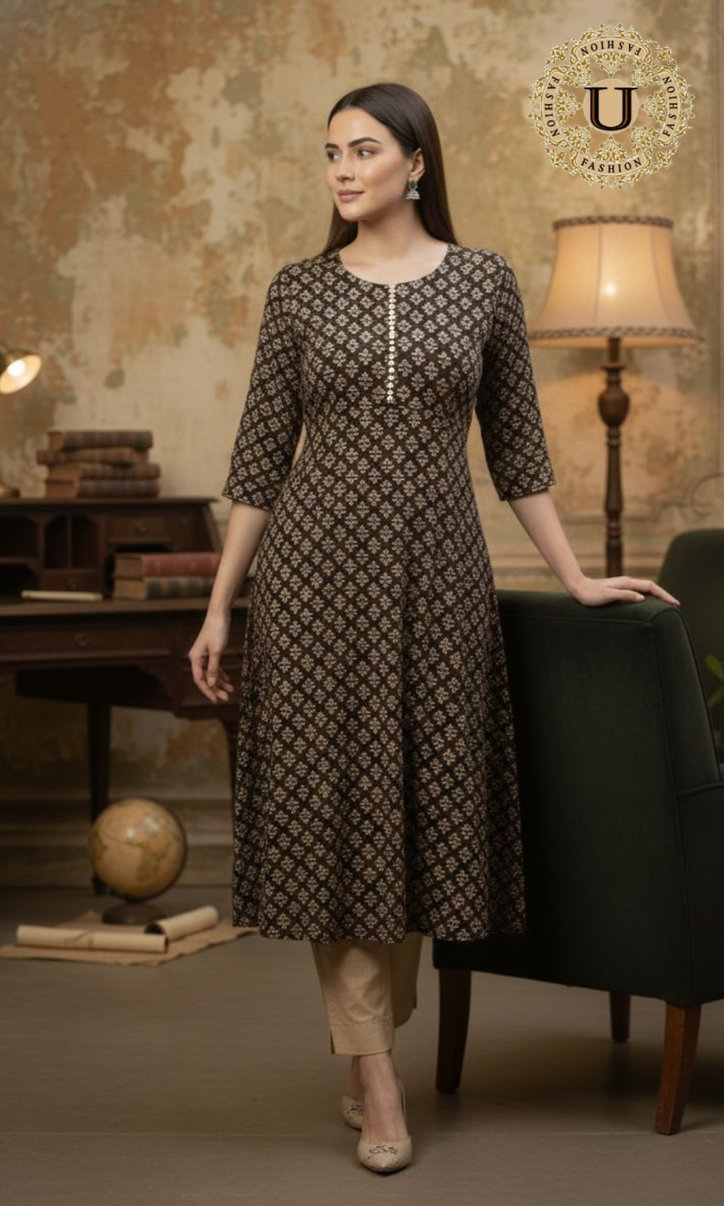 Brown Cotton Printed A-Line Long Kurti