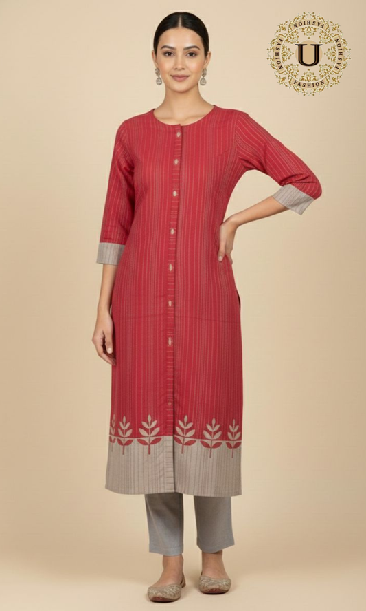 Pink Cotton Stright-Cut Long Kurti