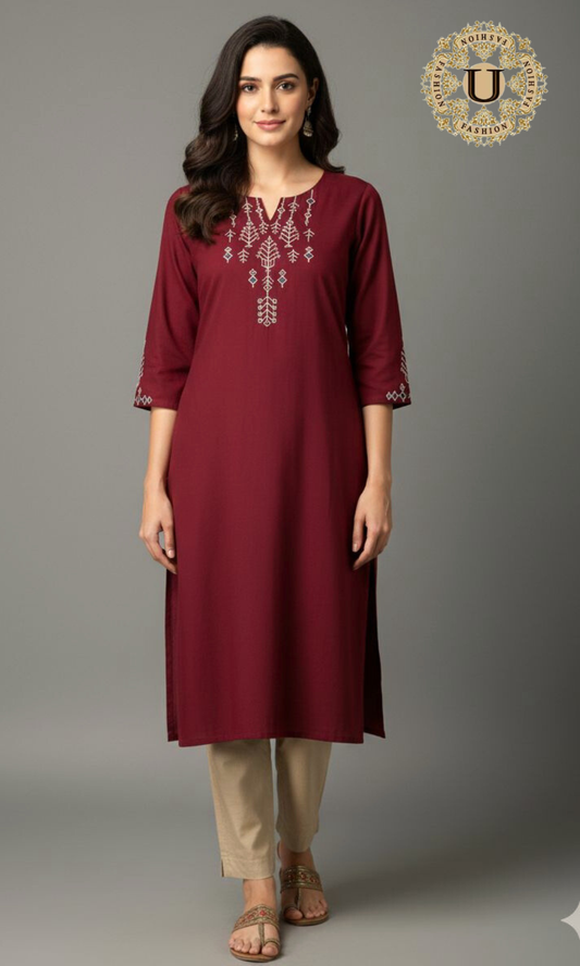 Maroon Cotton Embroidered Yoke Long Kurti