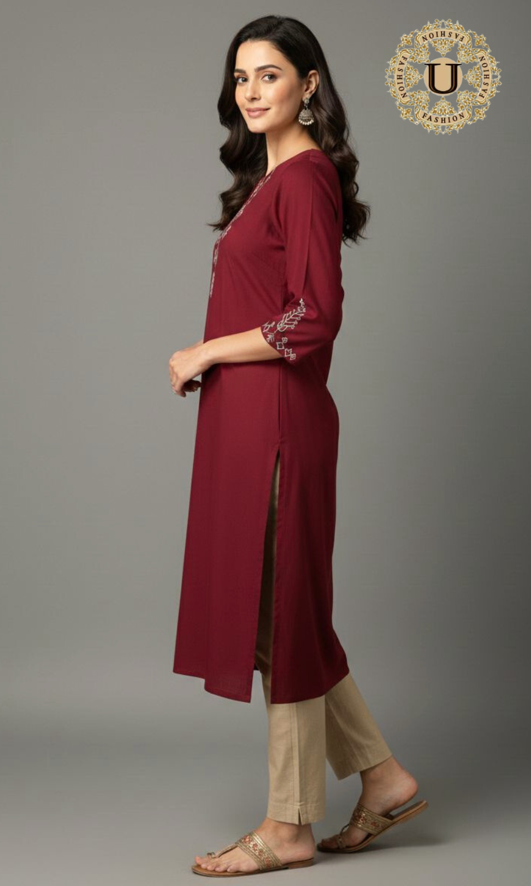 Maroon Cotton Embroidered Yoke Long Kurti
