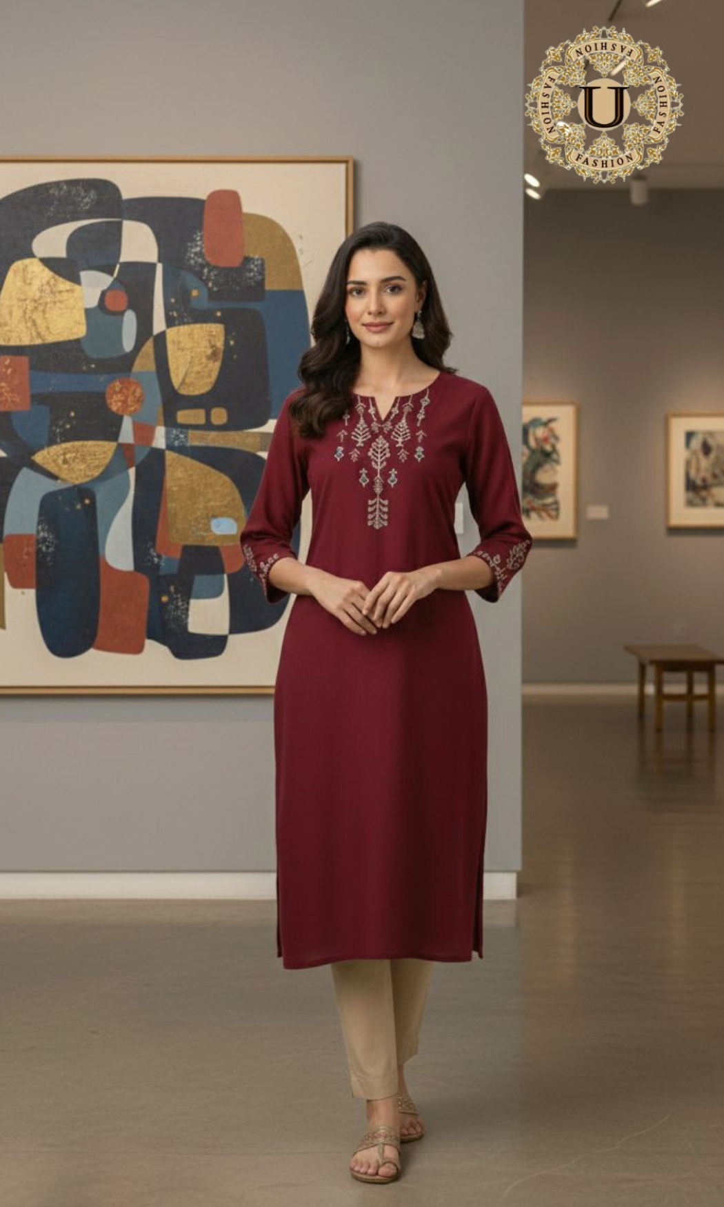 Maroon Cotton Embroidered Yoke Long Kurti
