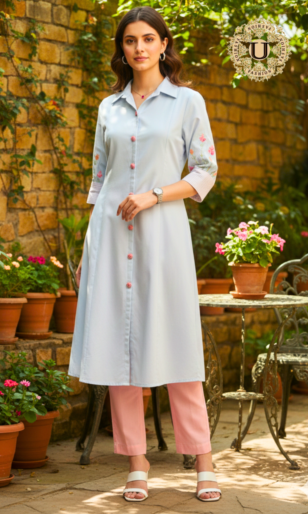 Sky Blue Cotton Shirt Collar Kurti.