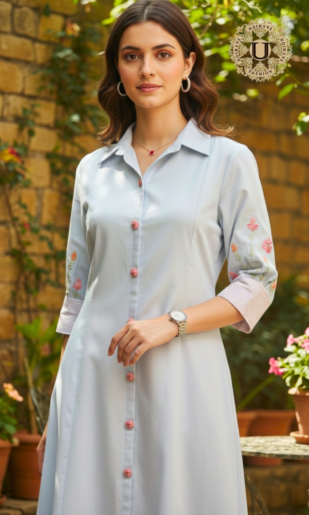 Sky Blue Cotton Shirt Collar Kurti.