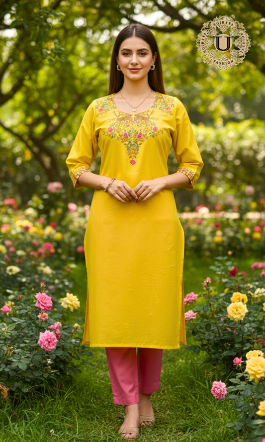 Lemon Yellow Embroidered Long Kurti