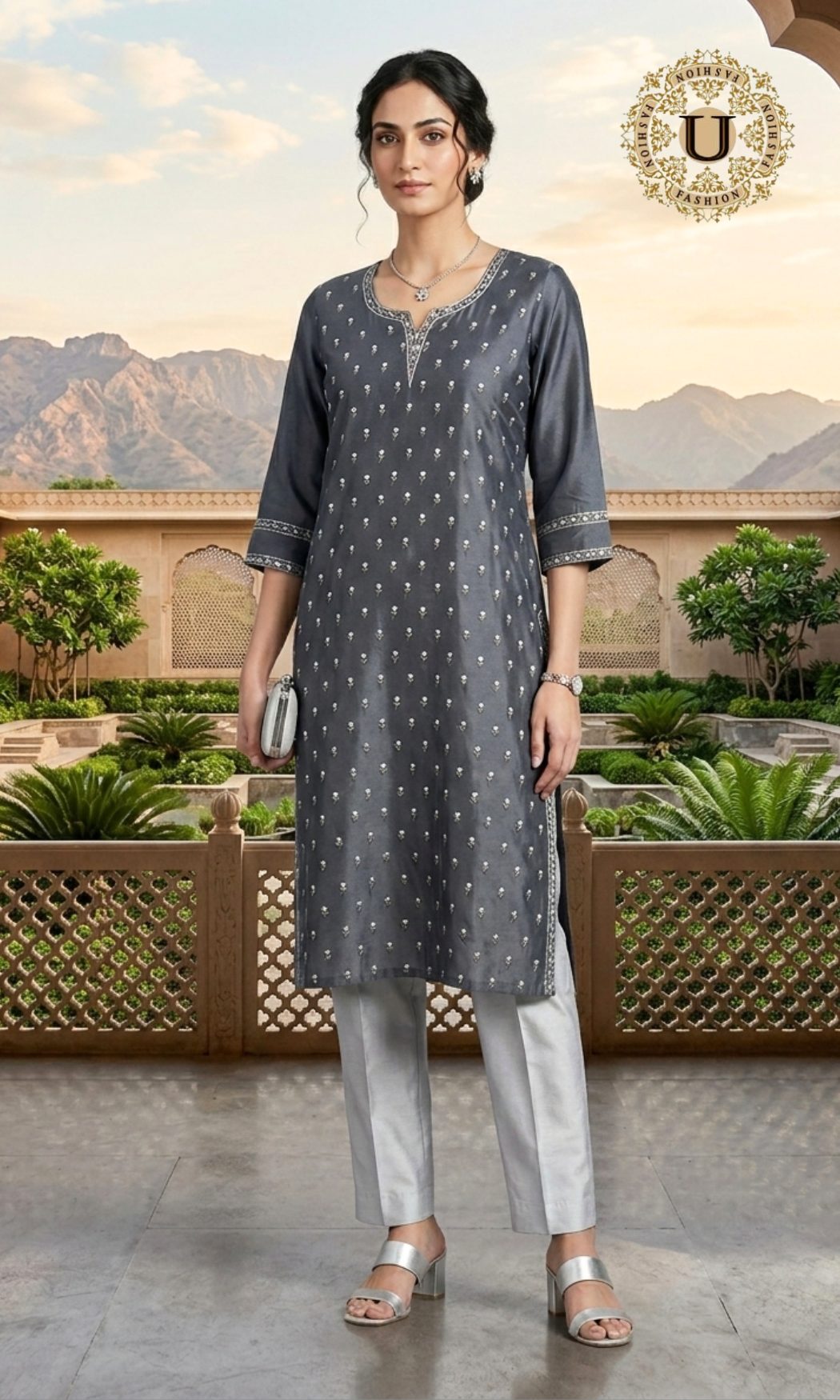 Steel gray spun Embroidered Long Kurti