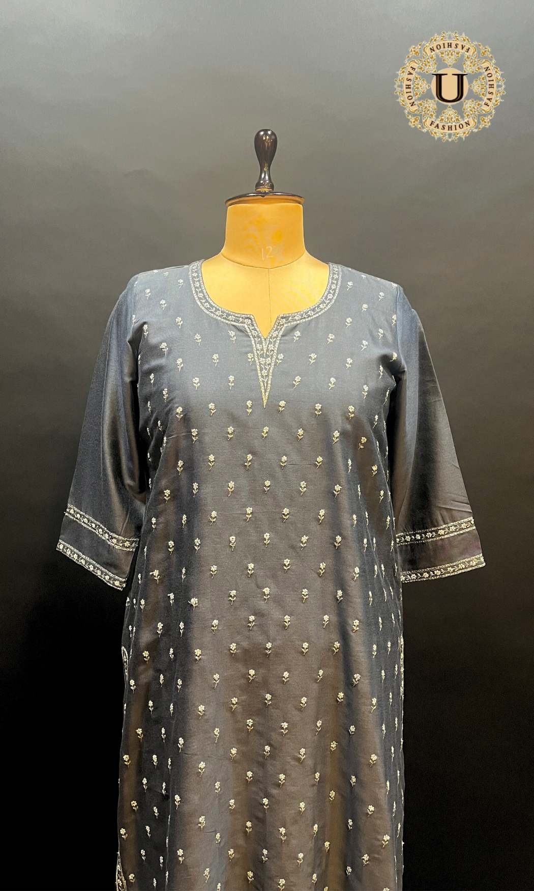 Steel gray spun Embroidered Long Kurti