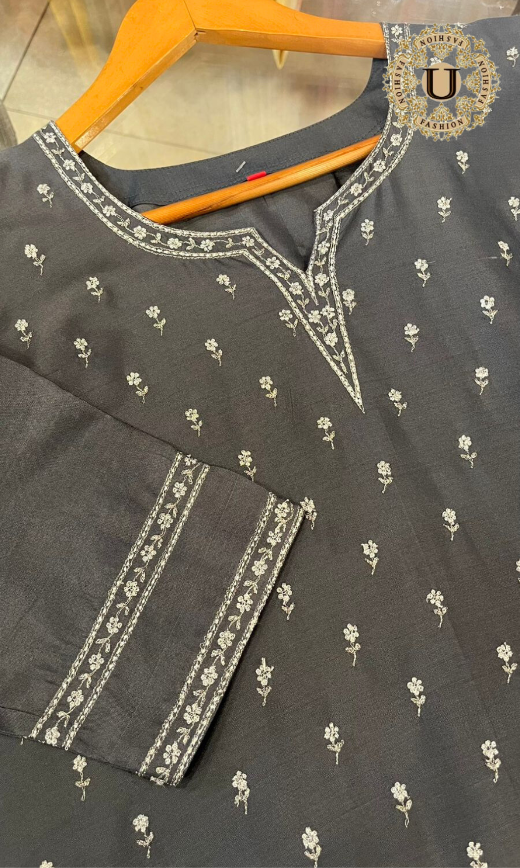 Steel gray spun Embroidered Long Kurti