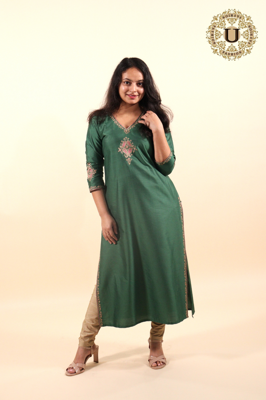 Green Cotton Silk Zari Yoke Long Kurti