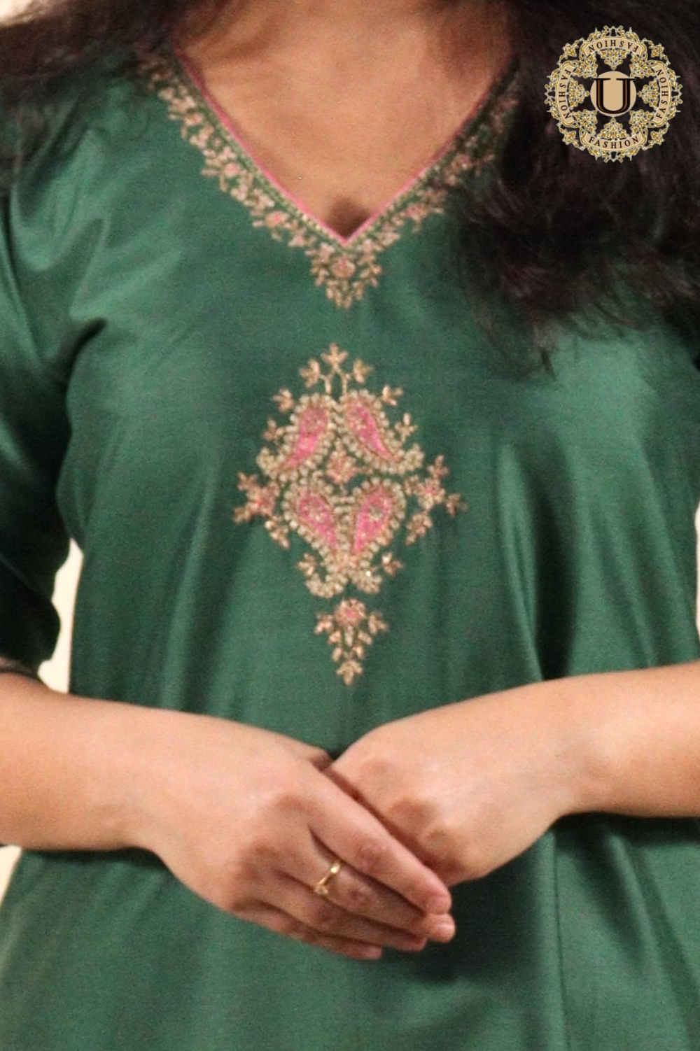 Metalic Green Embroidered Long Kurti