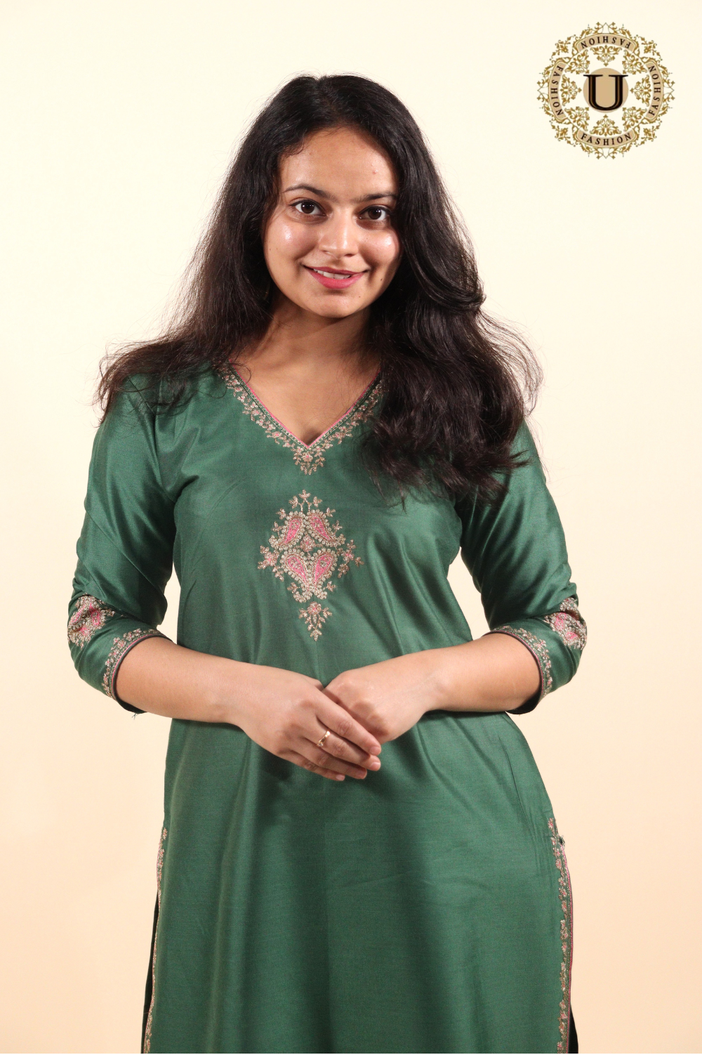 Green Cotton Silk Zari Yoke Long Kurti