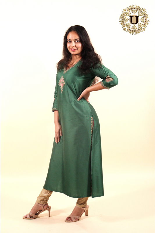 Green Cotton Silk Zari Yoke Long Kurti