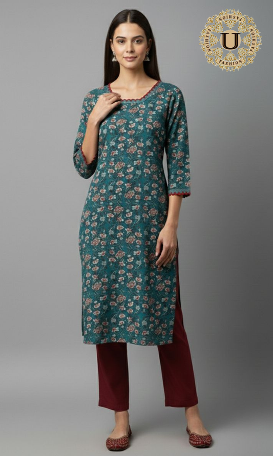 Teal green printed cotton kurti