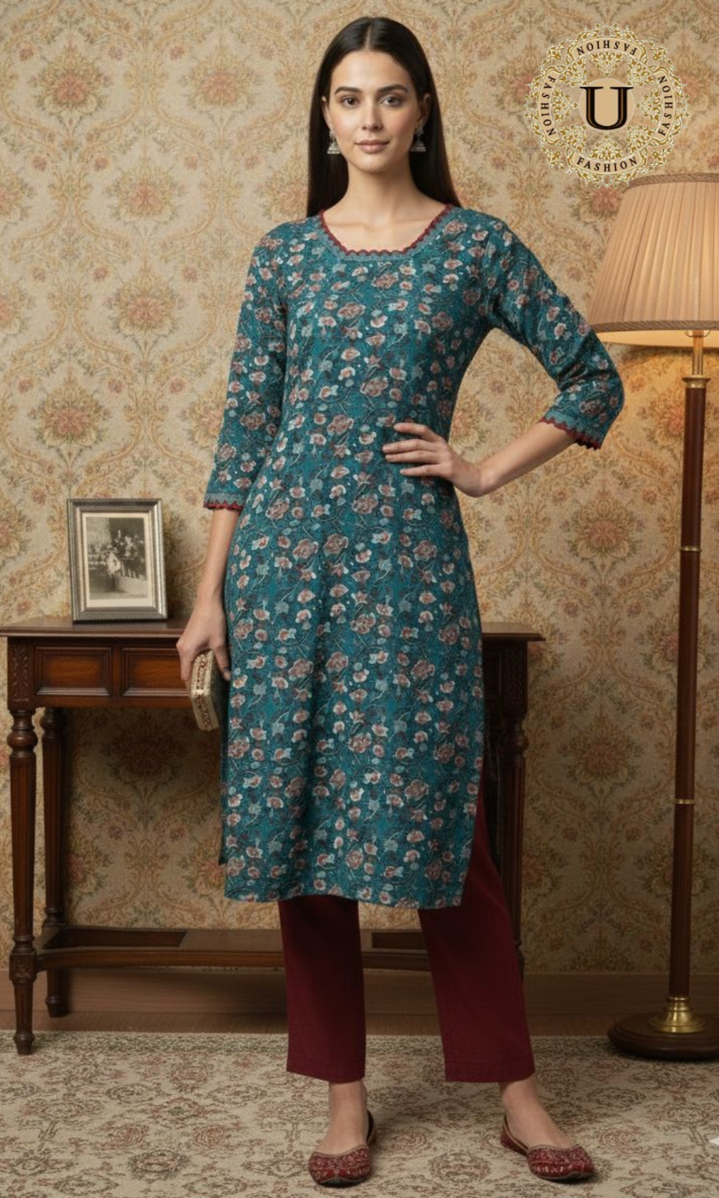 Teal green printed cotton kurti