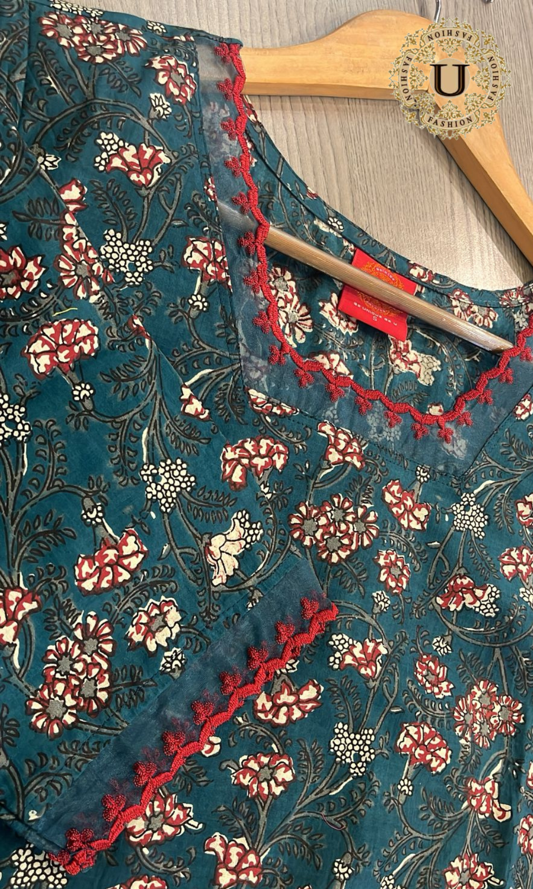 Teal green printed cotton kurti