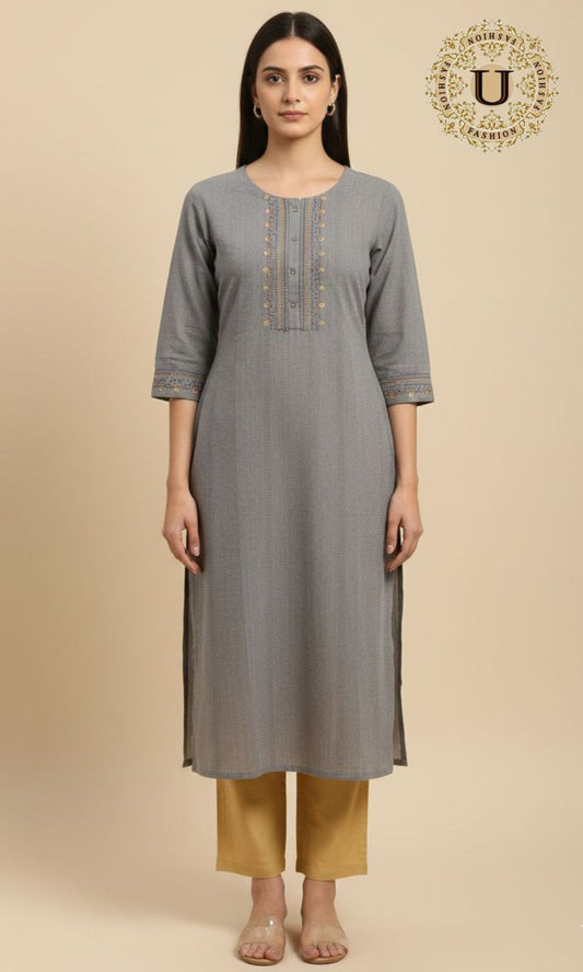 Grey Cotton Thread Work Long Kurti