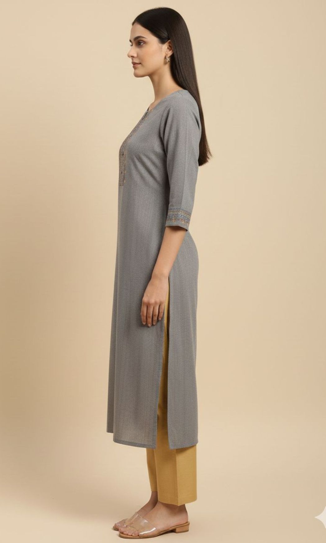 Grey Cotton Thread Work Long Kurti