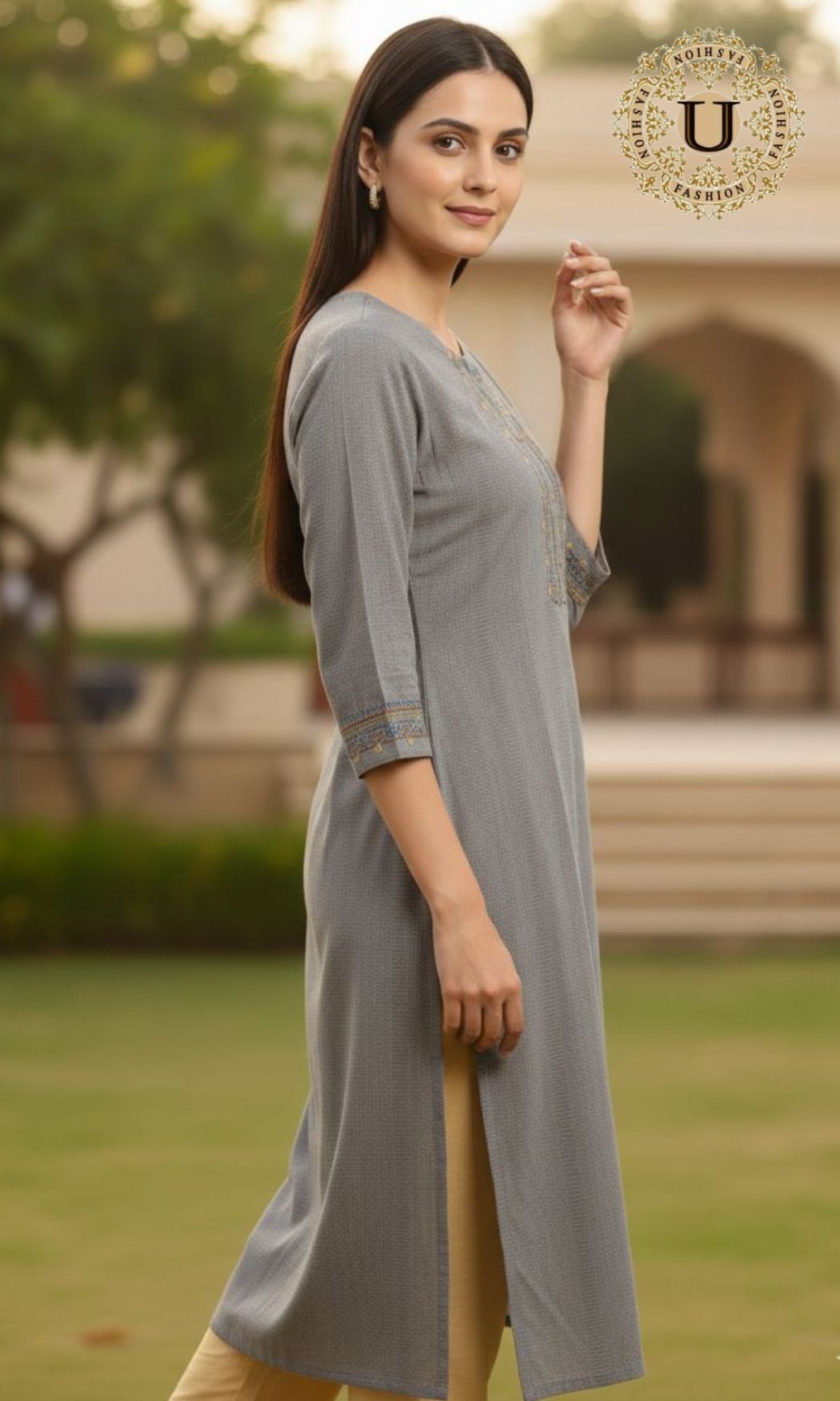 Grey Cotton Thread Work Long Kurti