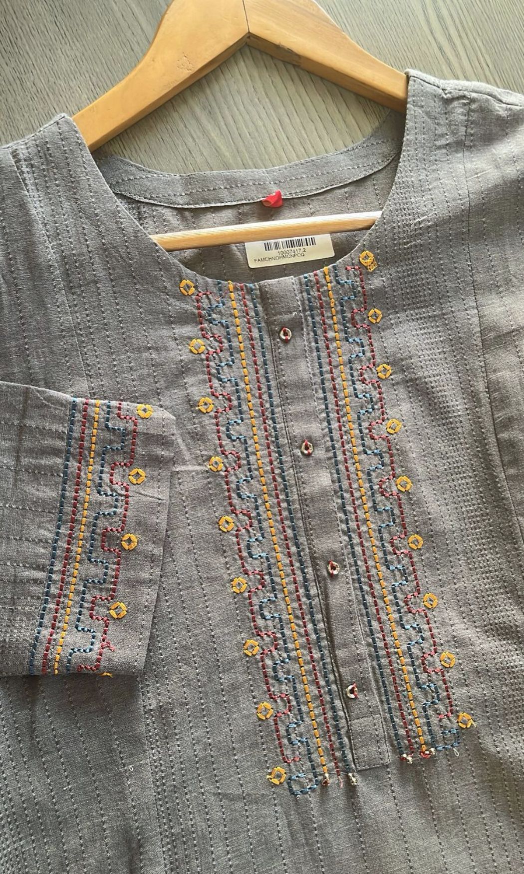 Grey Cotton Thread Work Long Kurti