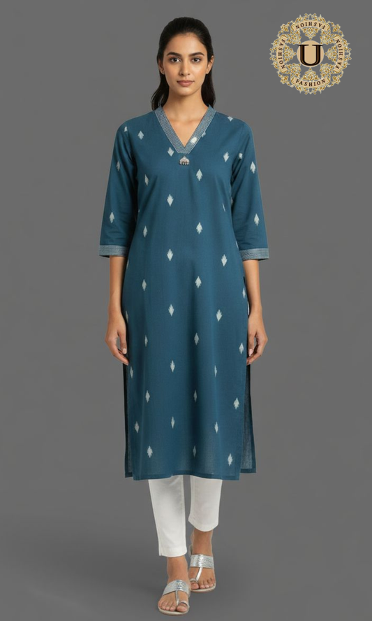 Teal Blue Cotton Printed Long Kurti